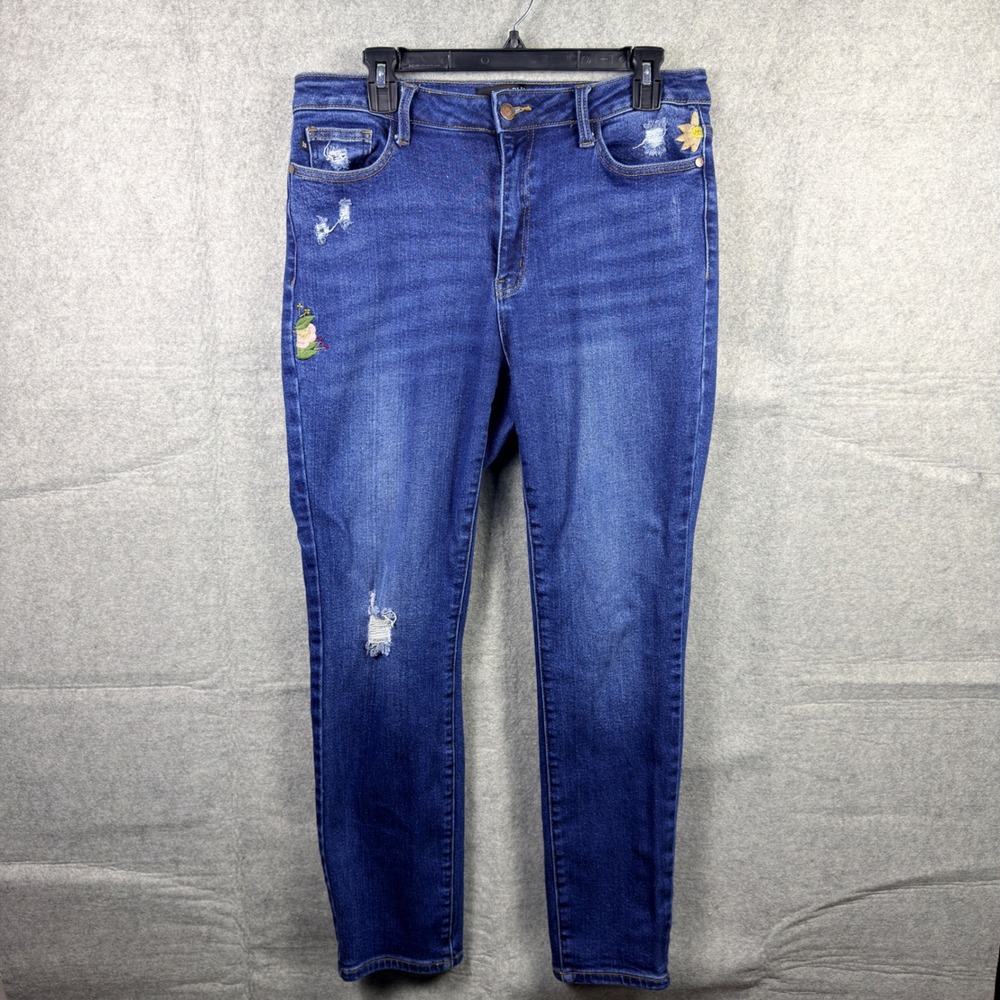 Judy Blue Jeans Womens 11/30 Boyfriend Fit Floral Embroidered Distressed Blue